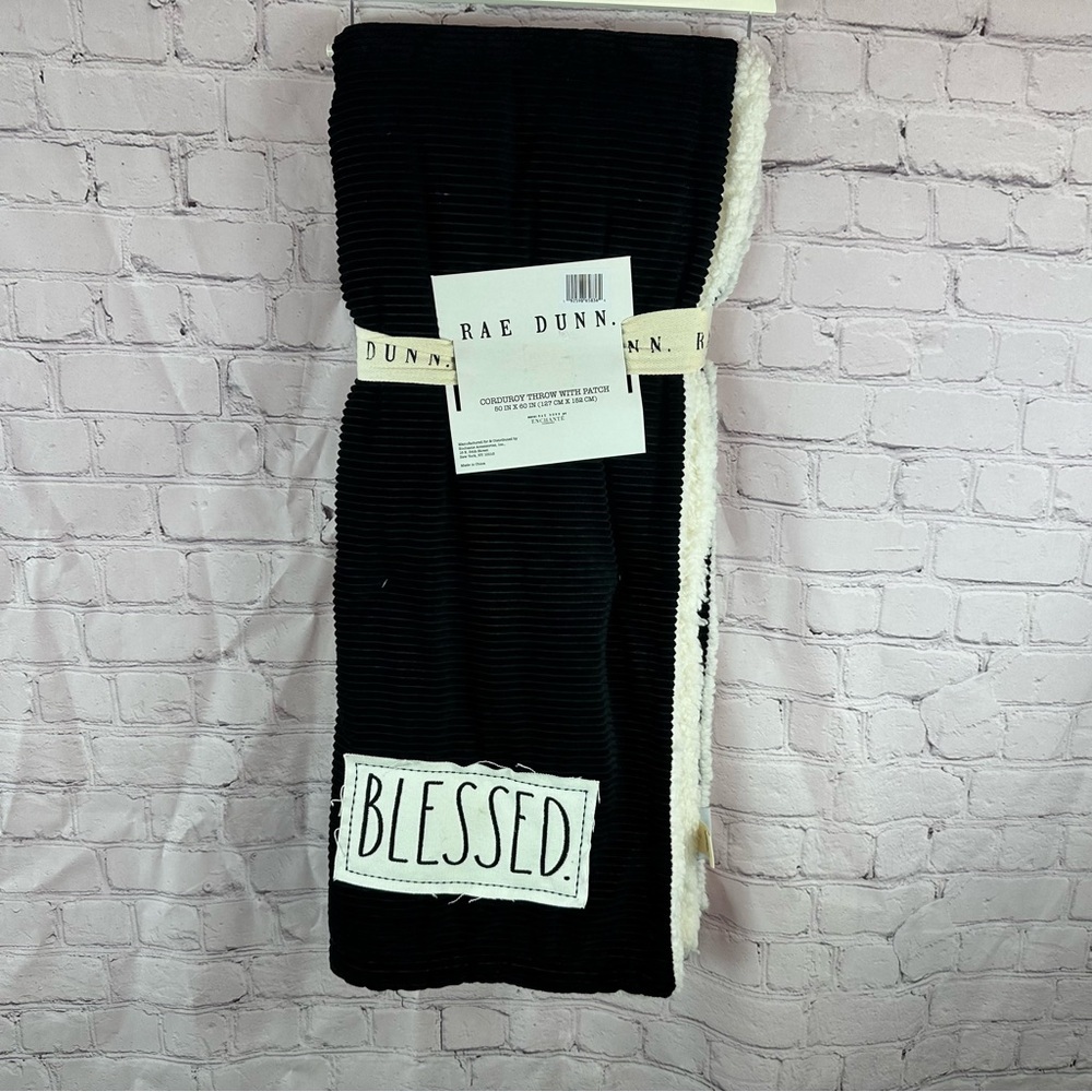 NWT Rae Dunn Black Corduroy Throw BLESSED reverse sherpa farmhouse traditional